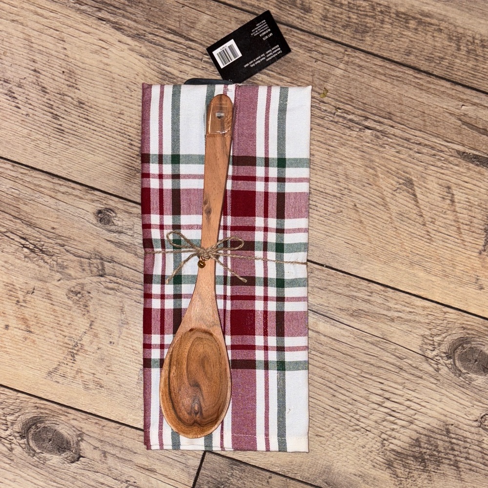 NWT Plaid Kitchen Towel with Wooden Spoon